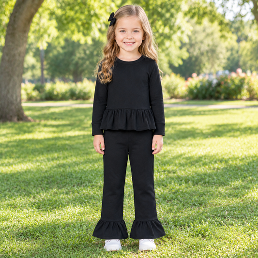 Baby Girls Kids Long Sleeves Ruffle Tops Pants Black Set Cotton Clothes