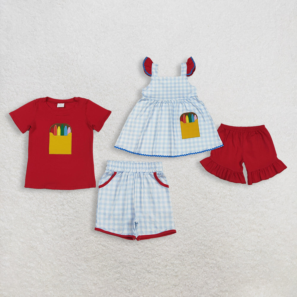 RTS Sibling Baby Boys Girls Embroidery Pencil Plaid Tops Shorts Back to School Sets