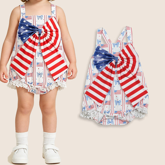 Baby Girls Kids Sleeveless Flags Bows Stars 4th of July Romper