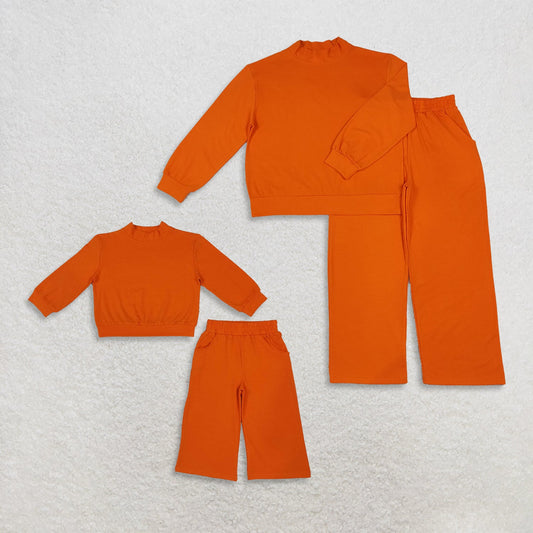 Sibling Baby Girls Adult Women Long Sleeves Orange Shirts Pockets Pants Cotton Mock Neck Sets