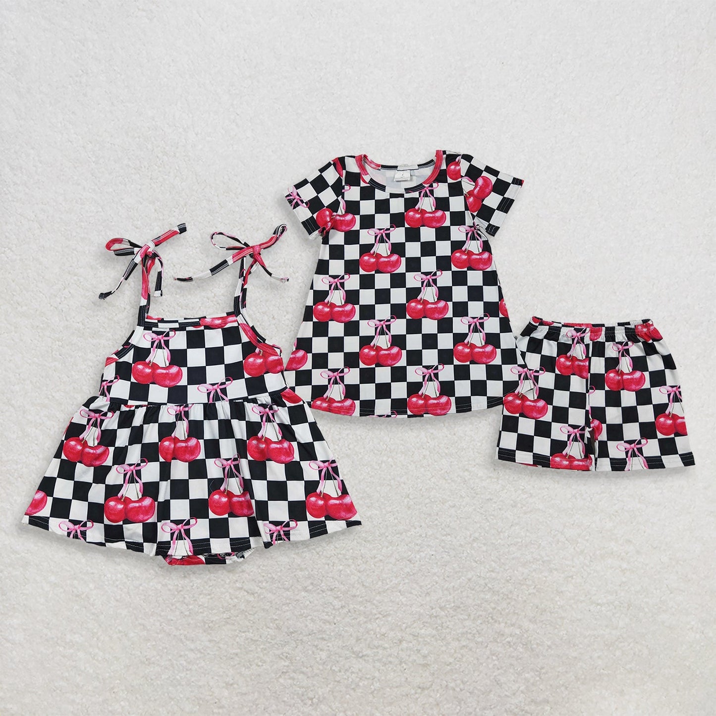 Sibling Baby Girls Kids Cherry Black Checked Romper Set Summer Clothes