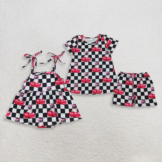 Sibling Baby Girls Kids Cherry Black Checked Romper Set Summer Clothes