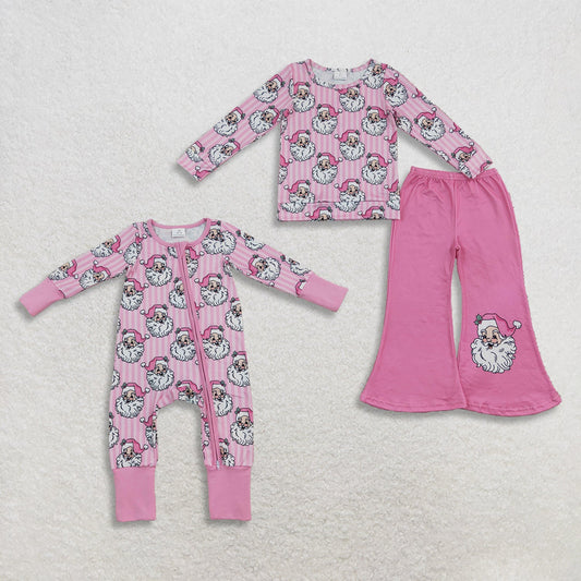 Sibling Baby Girls Kids Long Sleeves Santa Stripes Romper Set Christmas Pink Clothes