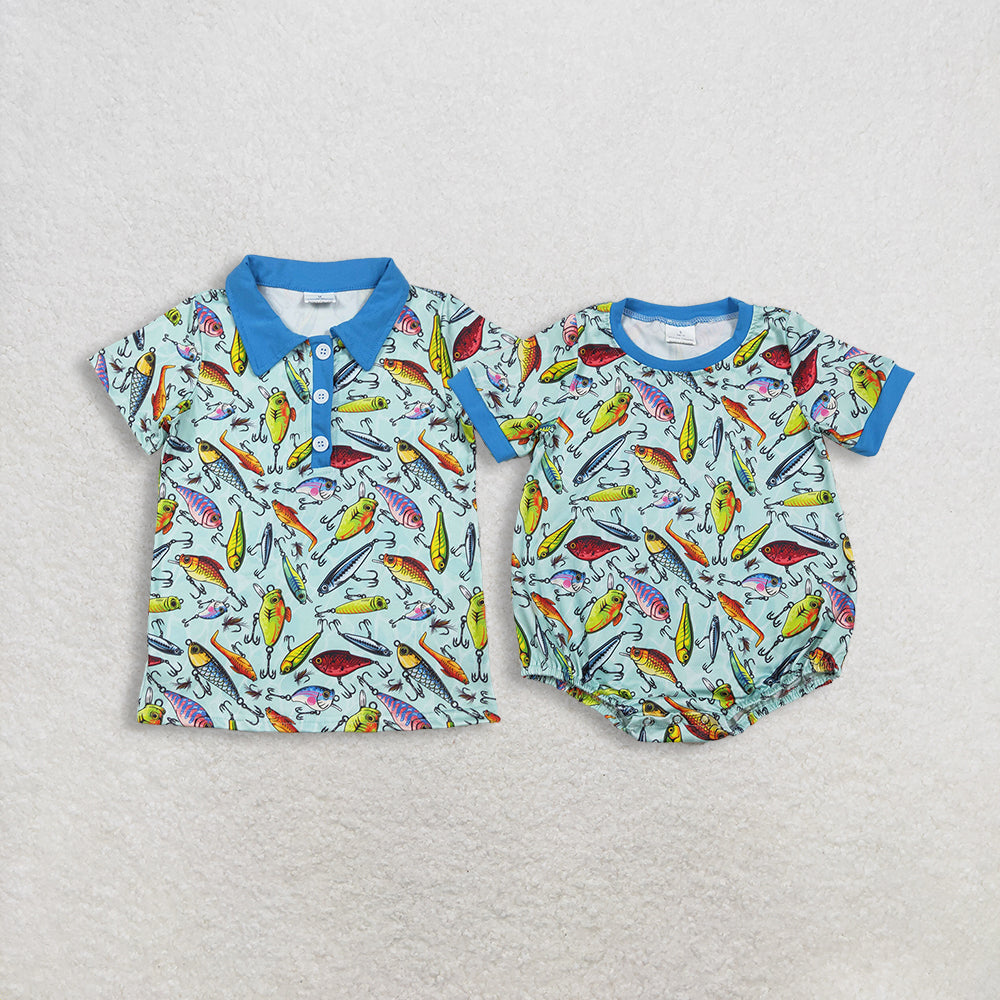 RTS Sibling Baby Boys Kids Short Sleeves Fishing Shirt Romper Summer Clothes