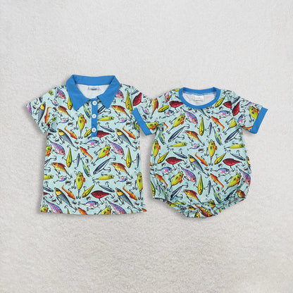 RTS Sibling Baby Boys Kids Short Sleeves Fishing Shirt Romper Summer Clothes