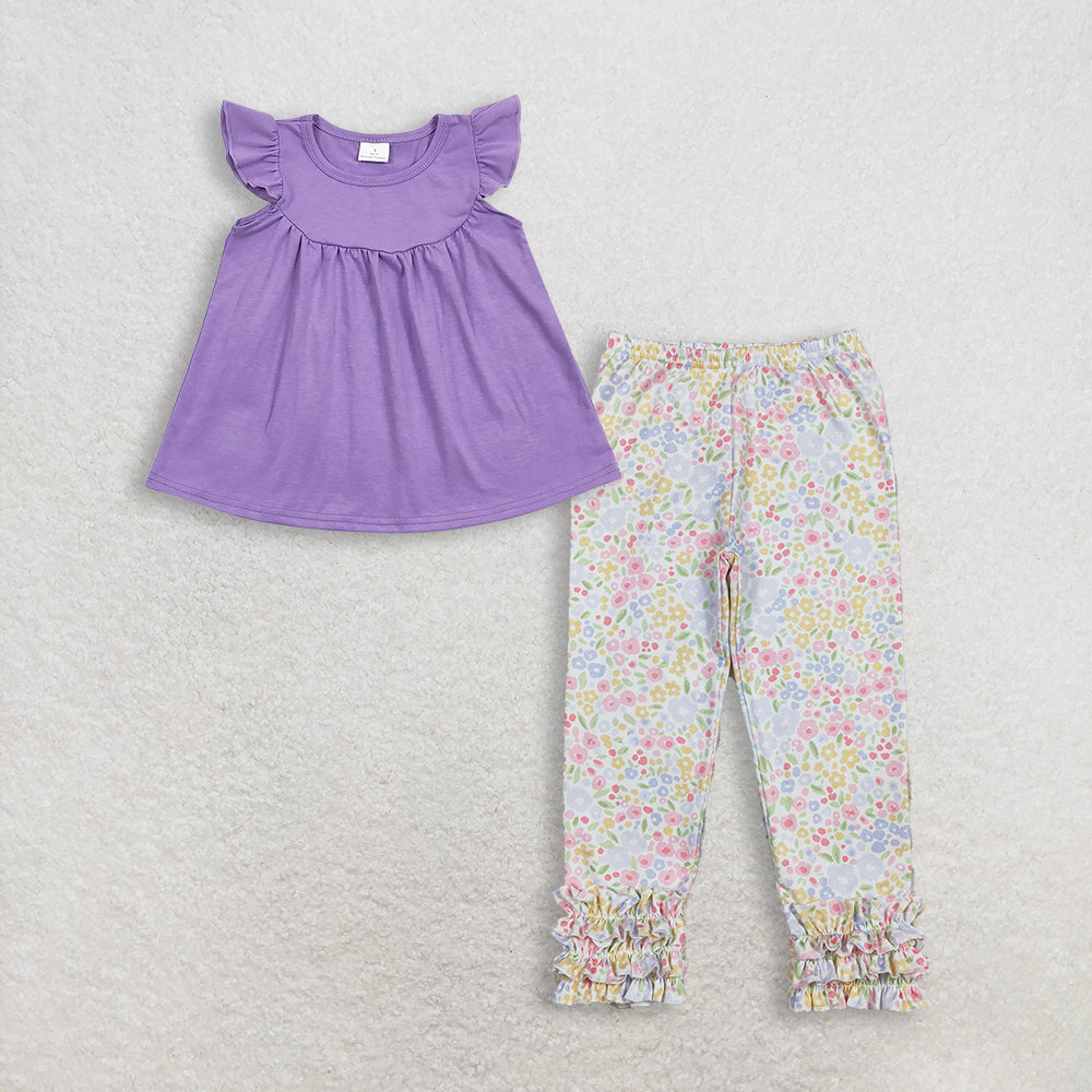 RTS Baby Girl Kids Short Sleeves Cotton Purple Tops Floral Ruffle Pants Set Clothes