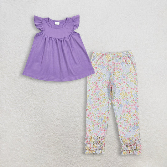 RTS Baby Girl Kids Short Sleeves Cotton Purple Tops Floral Ruffle Pants Set Clothes
