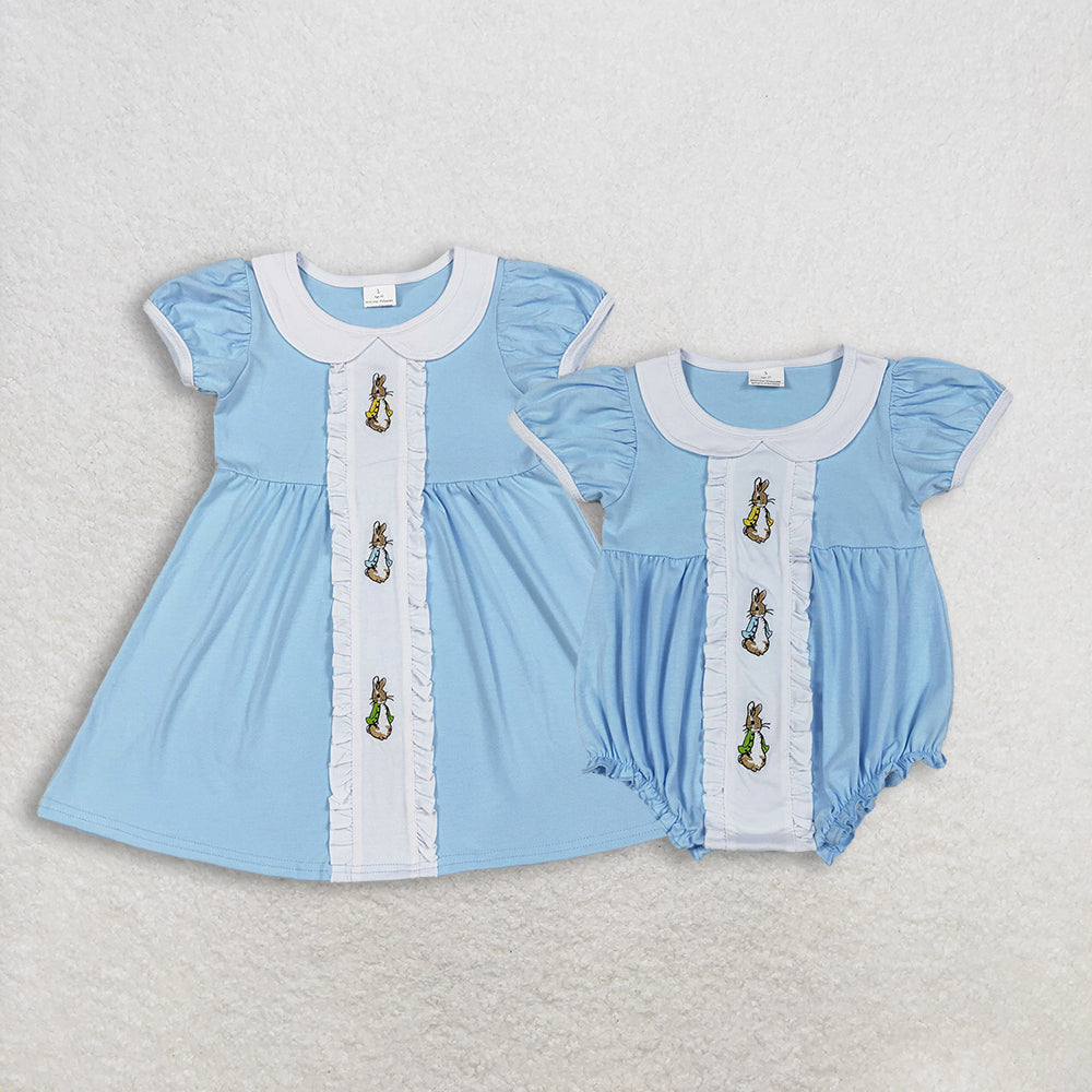 RTS Sibling Baby Girls Short Sleeves Embroidery Rabbits Easter Ruffle Blue Bubble Romper Dress