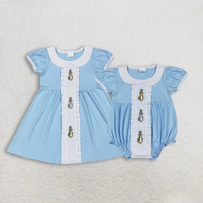 RTS Sibling Baby Girls Short Sleeves Embroidery Rabbits Easter Ruffle Blue Bubble Romper Dress
