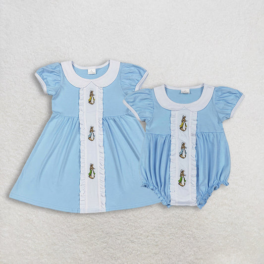 RTS Sibling Baby Girls Short Sleeves Embroidery Rabbits Easter Ruffle Blue Bubble Romper Dress