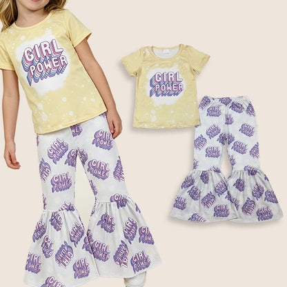 RTS Baby Girls Yellow Short Sleeves Power Shirt Bell Bottoms Pants Clothes Set