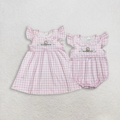 RTS Sibling Baby Girls Kids Short Sleeves Embroidery Rabbits Eggs Easter Pink Plaid Romper Dress