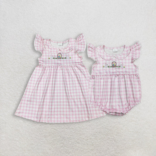 RTS Sibling Baby Girls Kids Short Sleeves Embroidery Rabbits Eggs Easter Pink Plaid Romper Dress