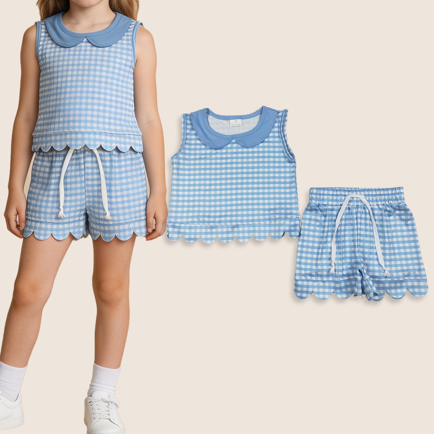 Baby Girls Kids Blue Plaid Shirt Scallop Shorts Summer Set Clothes