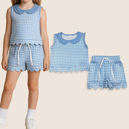 Baby Girls Kids Blue Plaid Shirt Scallop Shorts Summer Set Clothes