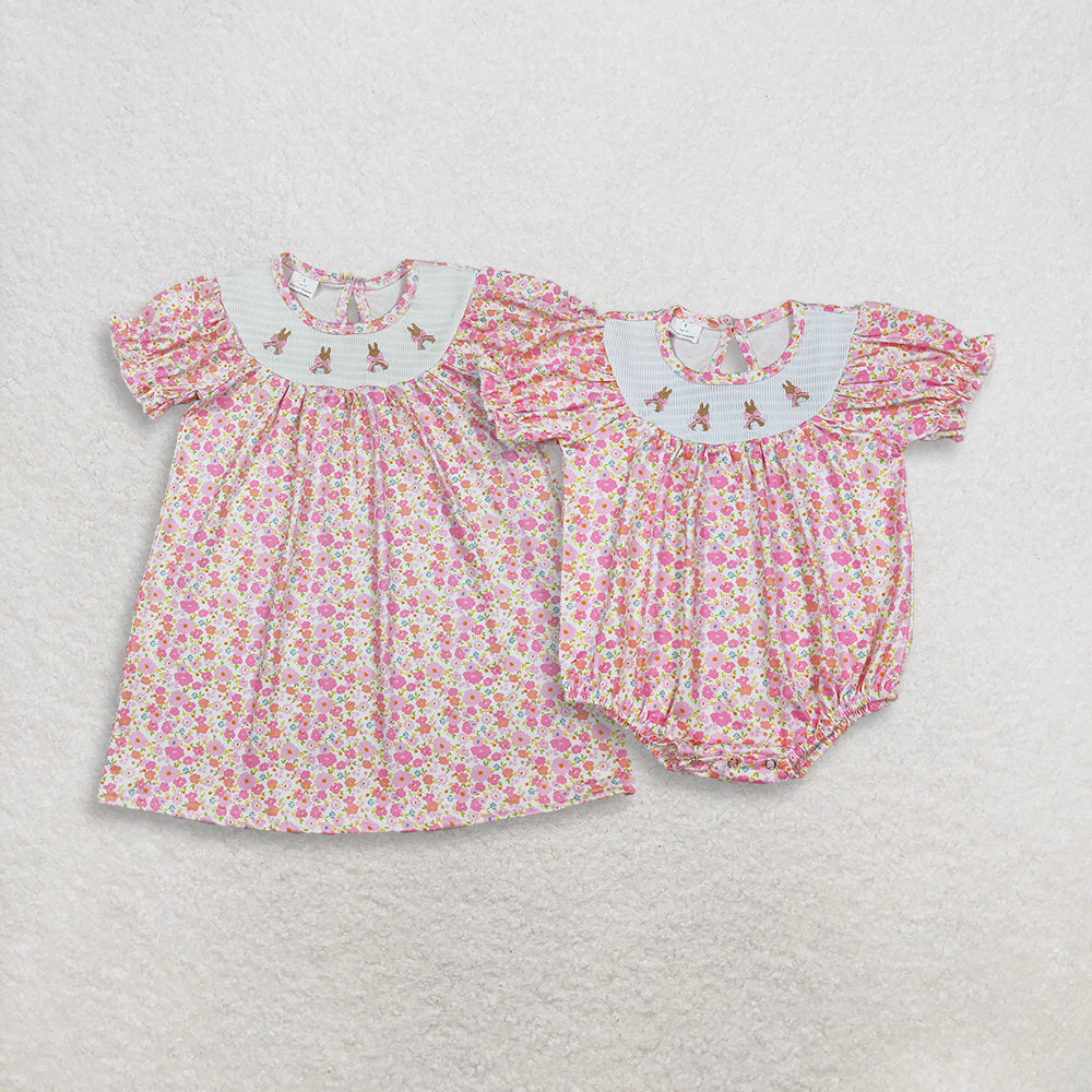 RTS Sibling Baby Girls Kids Short Sleeves Embroidery Rabbits Bows Flower Easter Romper Dress