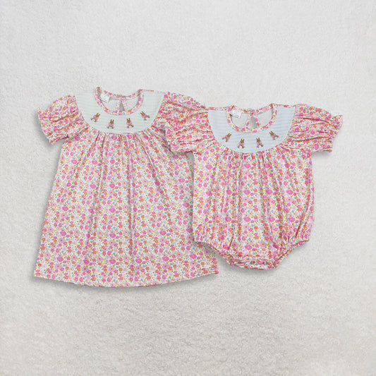 RTS Sibling Baby Girls Kids Short Sleeves Embroidery Rabbits Bows Flower Easter Romper Dress