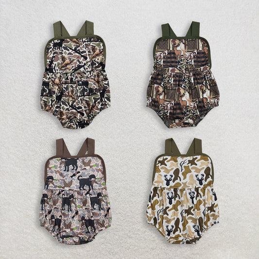 RTS Sibling Baby Boys Infant Sleeveless Dogs Ducks Deer Camo Summer Bubble Rompers Clothes