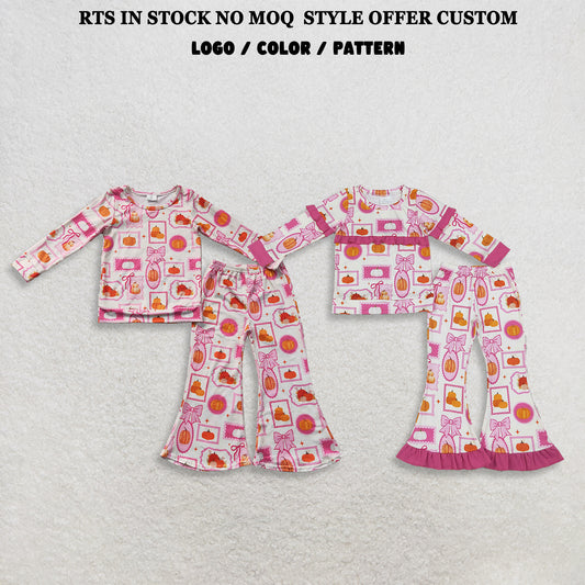 Sibling Baby Girls Kids Long Sleeves Pumpkins Bows Shirts Bell Pants Fall Sets Clothes