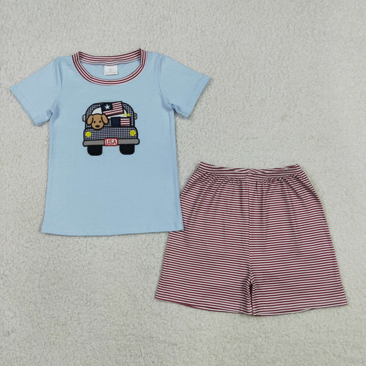 Baby Boy Kids Embroidery Dog Flag Truck Shirt Stripes Shorts 4th of July Set