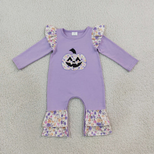 Baby Kids Infant Embroidery Halloween Pumpkin Bow Flower Purple Romper Clothes
