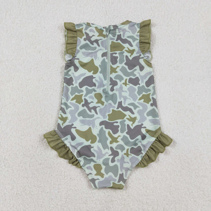 RTS Baby Girls Kids Short Sleeves Ducks Camo Green Ruffle One-piece Swimsuit