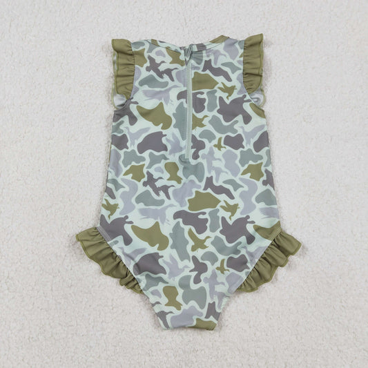 RTS Baby Girls Kids Short Sleeves Ducks Camo Green Ruffle One-piece Swimsuit