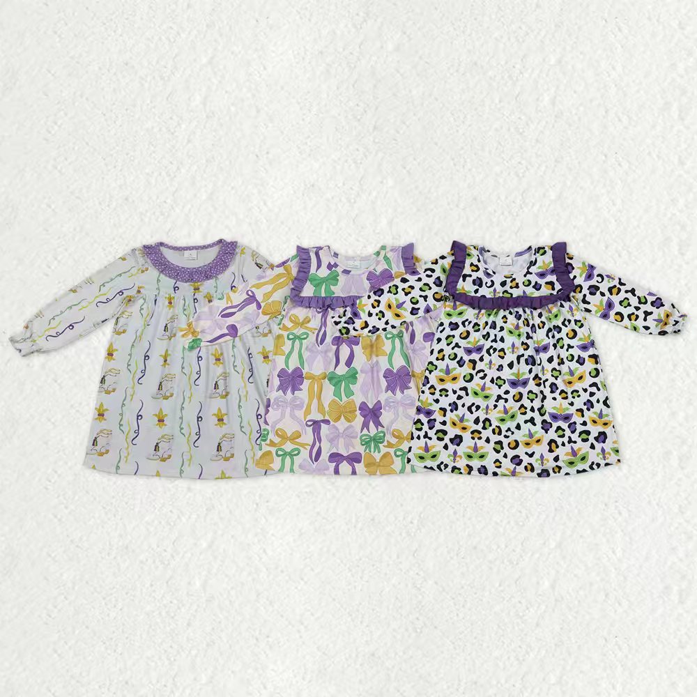 Sibling Baby Girls Kids Long Sleeves Mardi Gras Ruffle Knee Length Dresses