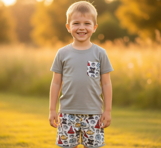 Baby Boys Kids Short Sleeves Grey Shirt Tools Pockets Shorts Set Clothes