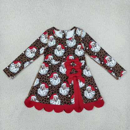 Baby Girls Kids Long Sleeves Christmas Santa Leopard Bows Scallop Dress Yoga Active Clothes