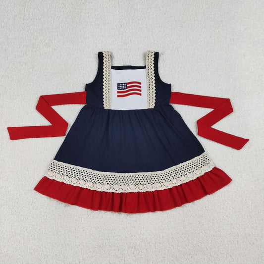 Baby Girls Kids Sleeveless Embroidery Flags 4th of July Knee Length Dress Summer Clothes