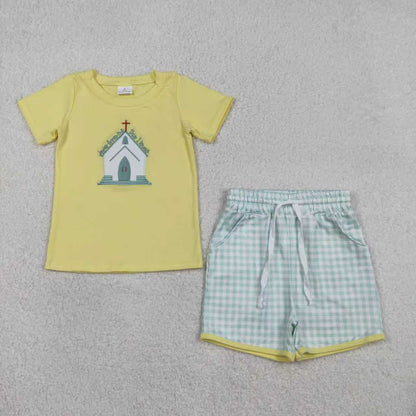 RTS Sibling Baby Boys Girls Embroidery Cross Jesus Green Plaid Easter Rompers Sets