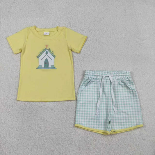 RTS Sibling Baby Boys Girls Embroidery Cross Jesus Green Plaid Easter Rompers Sets