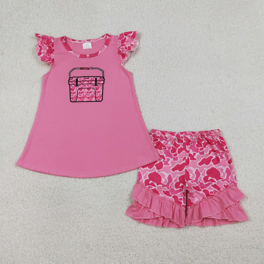 RTS Baby Girls Pink Short Sleeves Embroidery Box Tops Camo Ruffle Shorts Hunting Clothes