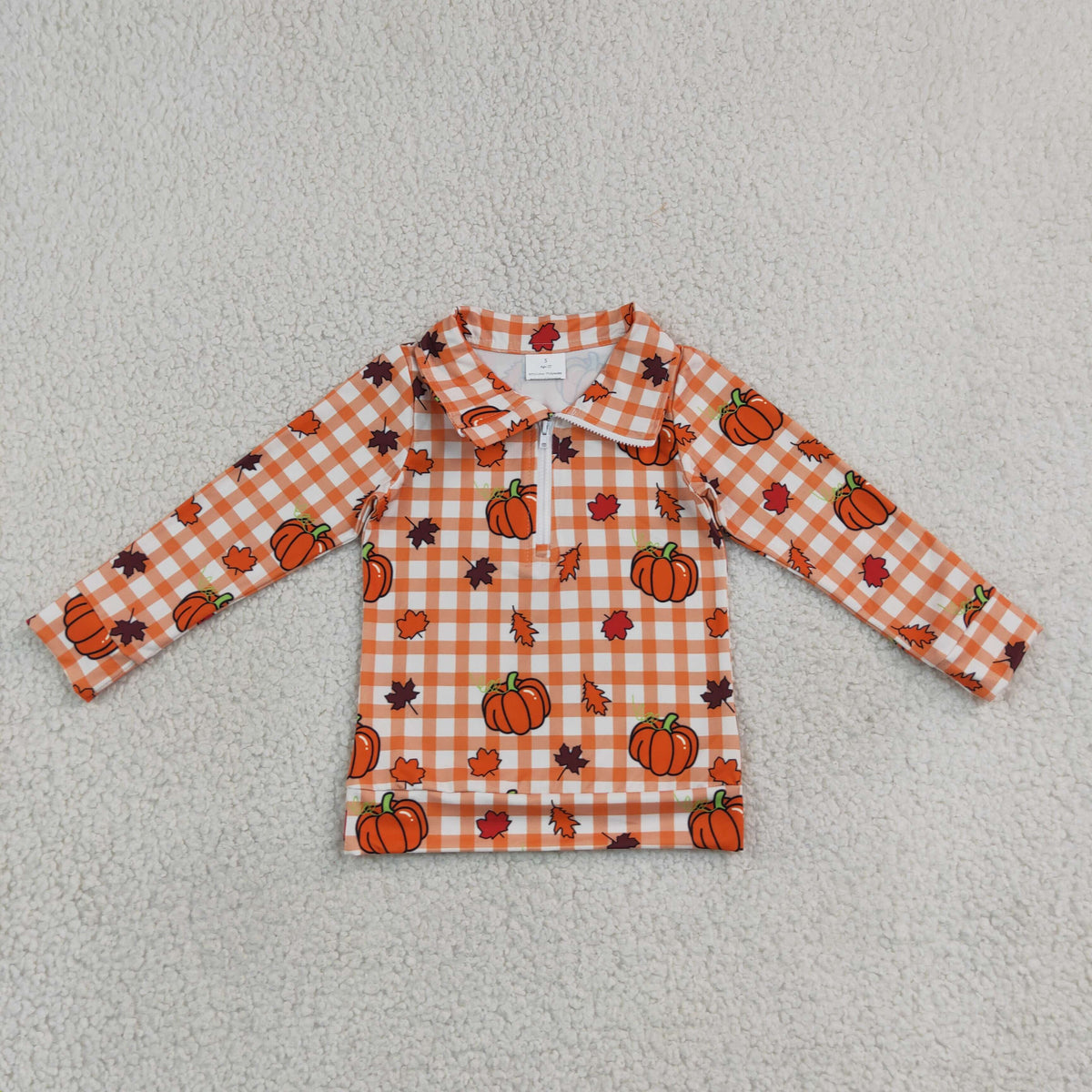 Toddler Kids Long Sleeves Pumpkins Orange Plaid Zipper Pullover Fall Shirt Tops Clothes