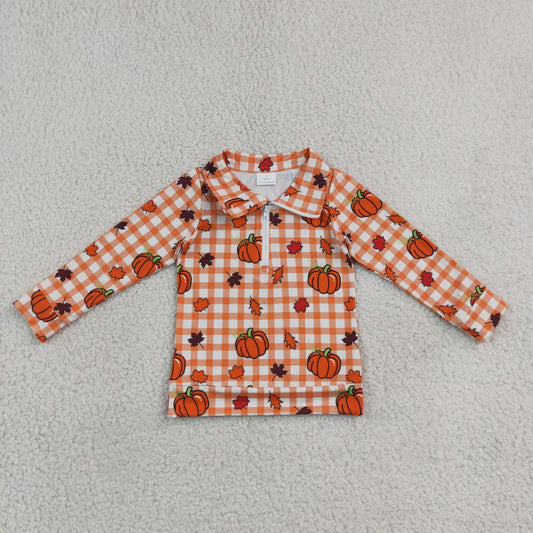 Toddler Kids Long Sleeves Pumpkins Orange Plaid Zipper Pullover Fall Shirt Tops Clothes