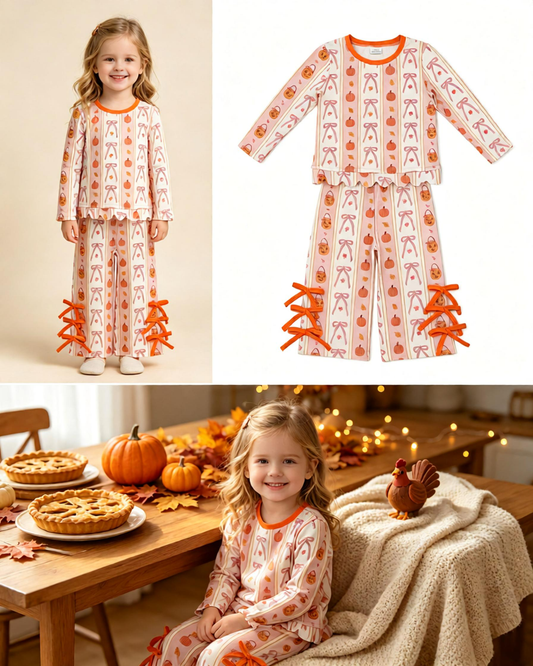 Baby Girls Kids Long Sleeves Pumpkins Scallop Shirt Bows Pants Set Fall Clothes