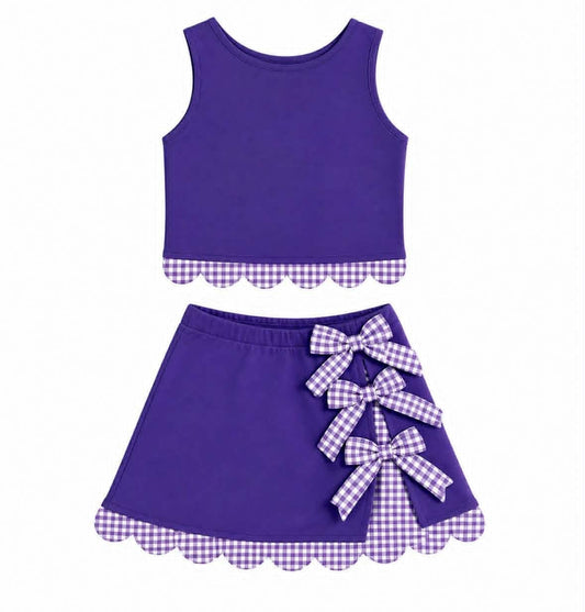 Preorder ( Moq 5 ) Baby Girls Kids Scallop Shirt Purple Plaid Bows Skirt Shorts Set Yoga Active Clothes