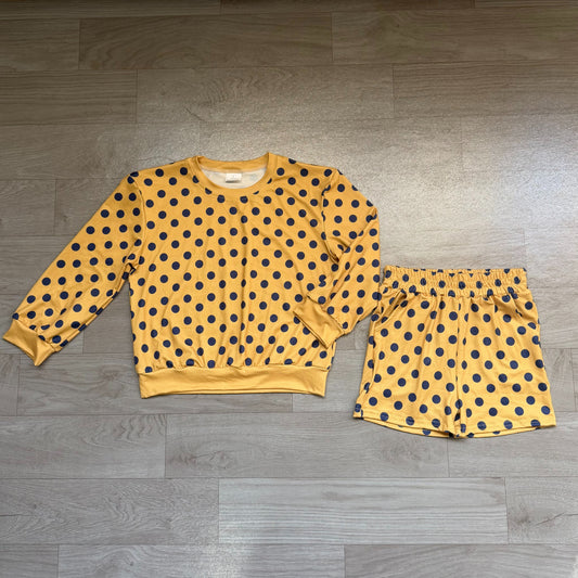 No moq Preorder Baby Girls Kids Long Sleeves Navy Dots Shirt Pockets Shorts Set Clothes
