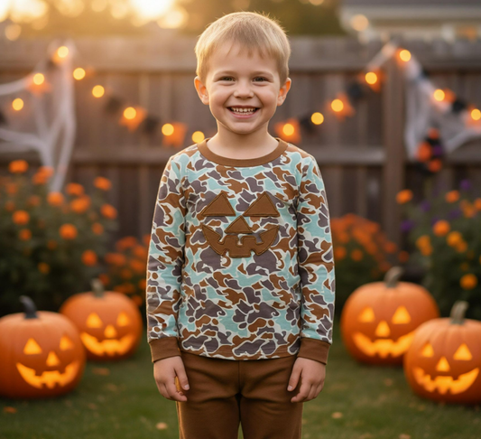 Baby Boy Camo Embroidery Halloween Face Shirt Brown Pants Clothes Set