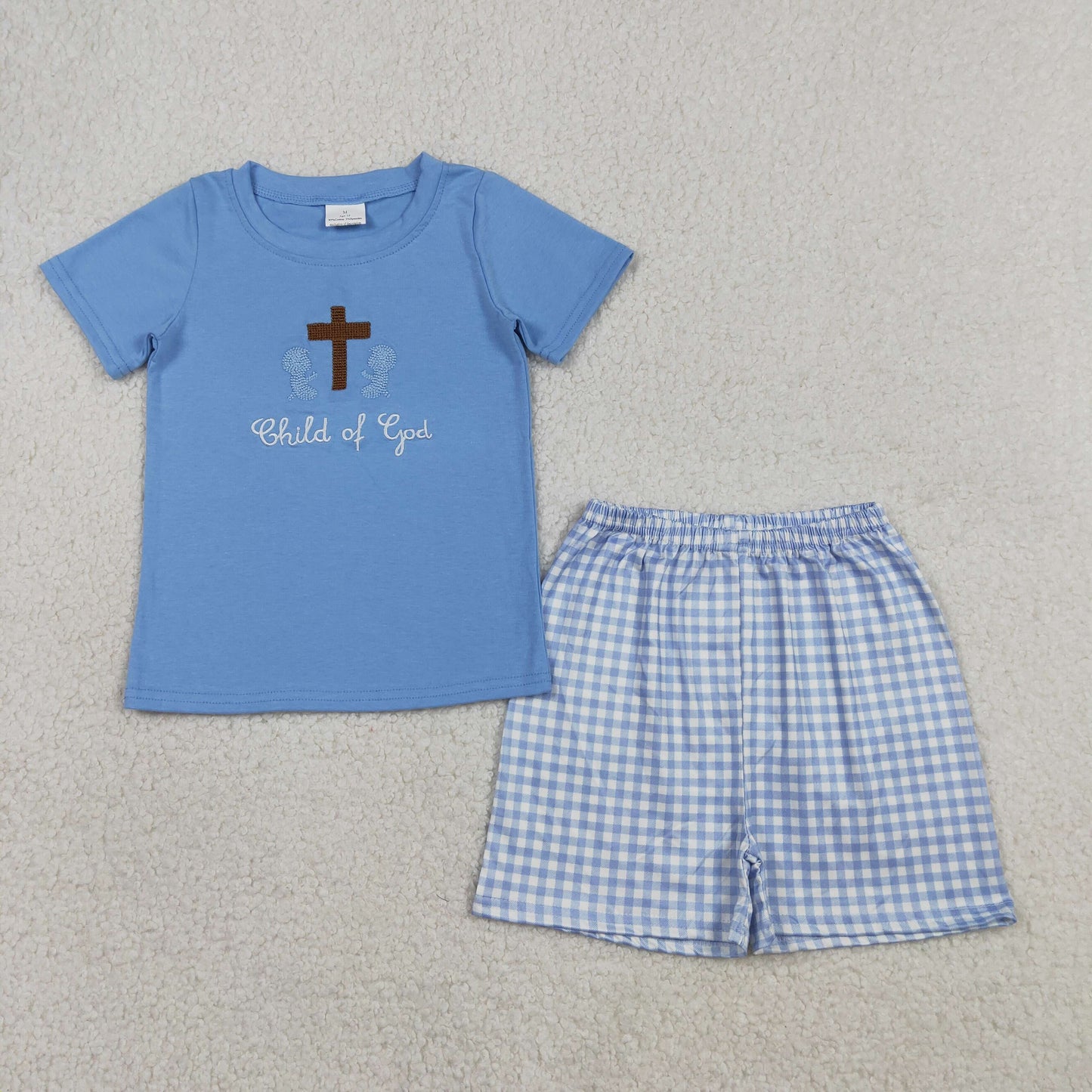 RTS Baby Boys Short Sleeves Embroidery Cross Shirt Blue Plaid Shorts Easter Clothes Set
