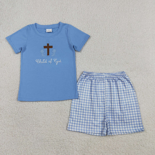 RTS Baby Boys Short Sleeves Embroidery Cross Shirt Blue Plaid Shorts Easter Clothes Set
