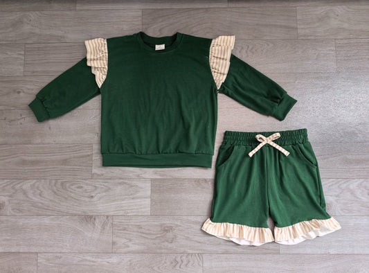 No moq Preorder Baby Girls Kids Long Sleeves Tops Pockets Shorts Cotton Set Green Clothes