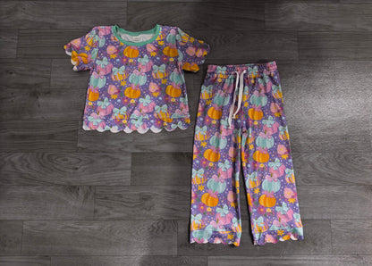 No mqo Preorder Baby Girls Kids Pumpkins Flower Bows Tops Pants Scallop Fall Set Purple Clothes