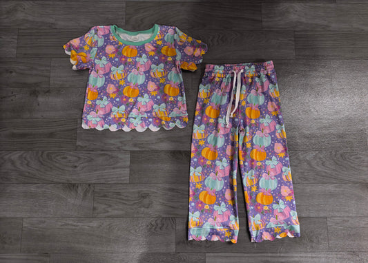 No mqo Preorder Baby Girls Kids Pumpkins Flower Bows Tops Pants Scallop Fall Set Purple Clothes