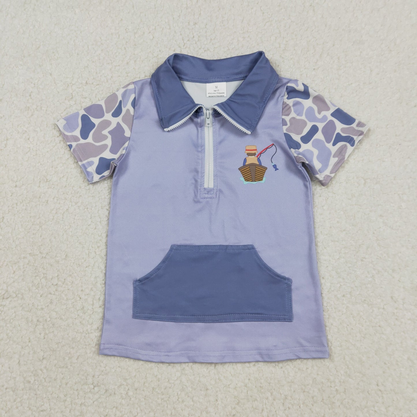 Baby Boys Camo Short Sleeves Fishing Zipper Pocket Blue Pullover Shirt