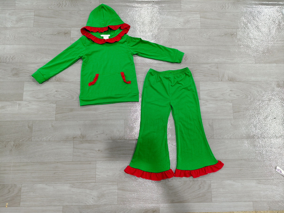No moq Preorder Baby Girls Kids Red Ruffle Hoodie Pocket Pullover Pants Green Set Cotton Clothes