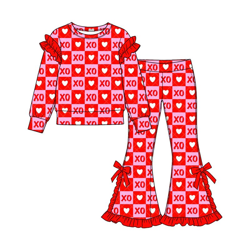 Moq 5 Preorder Baby Girls Kids Long Sleeves Hearts Checked Tops Bows Pants Set Valentine Clothes