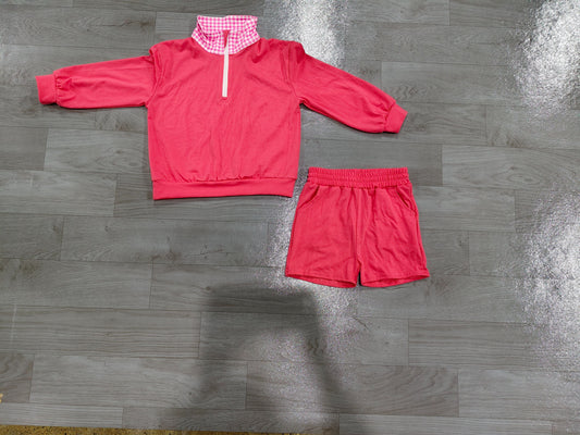 No moq Preorder Baby Girls Kids Long Sleeves Zipper Pullover Pockets Shorts Pink Set Cotton Clothes