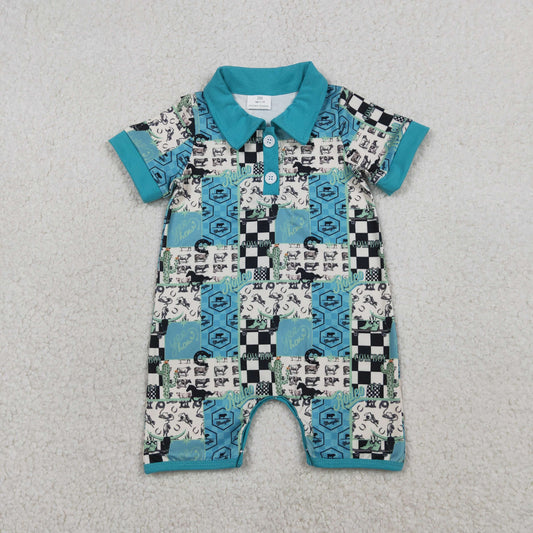 RTS Baby Boys Short Sleeves Western Cow Cactus Buttons Blue Romper